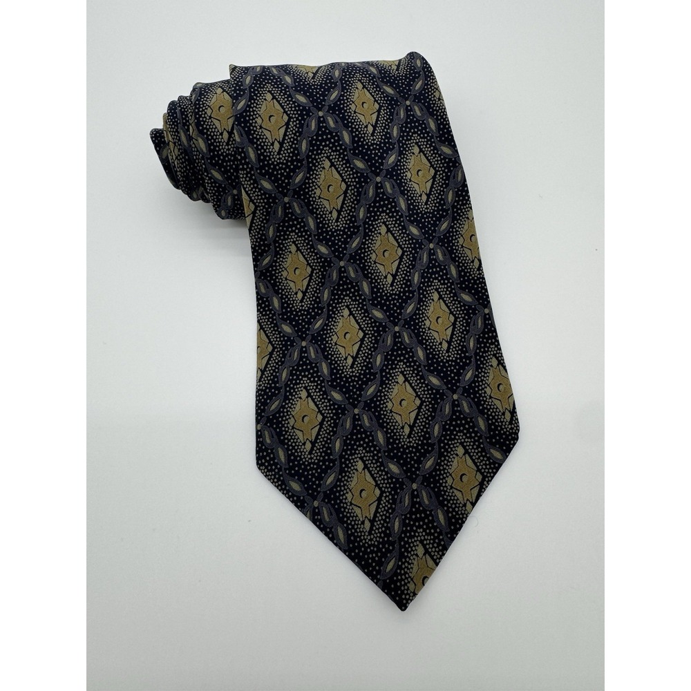 Giorgio Armani Cravatte Silk Tie Black Gray Gold Geometric Medallion Pattern